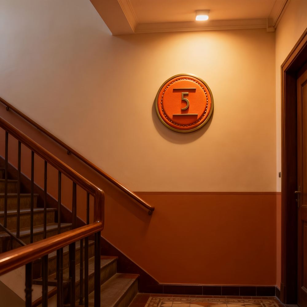 Handcrafted Aluminum Floor Number Plate - Distressed Bronze & Leather Design
